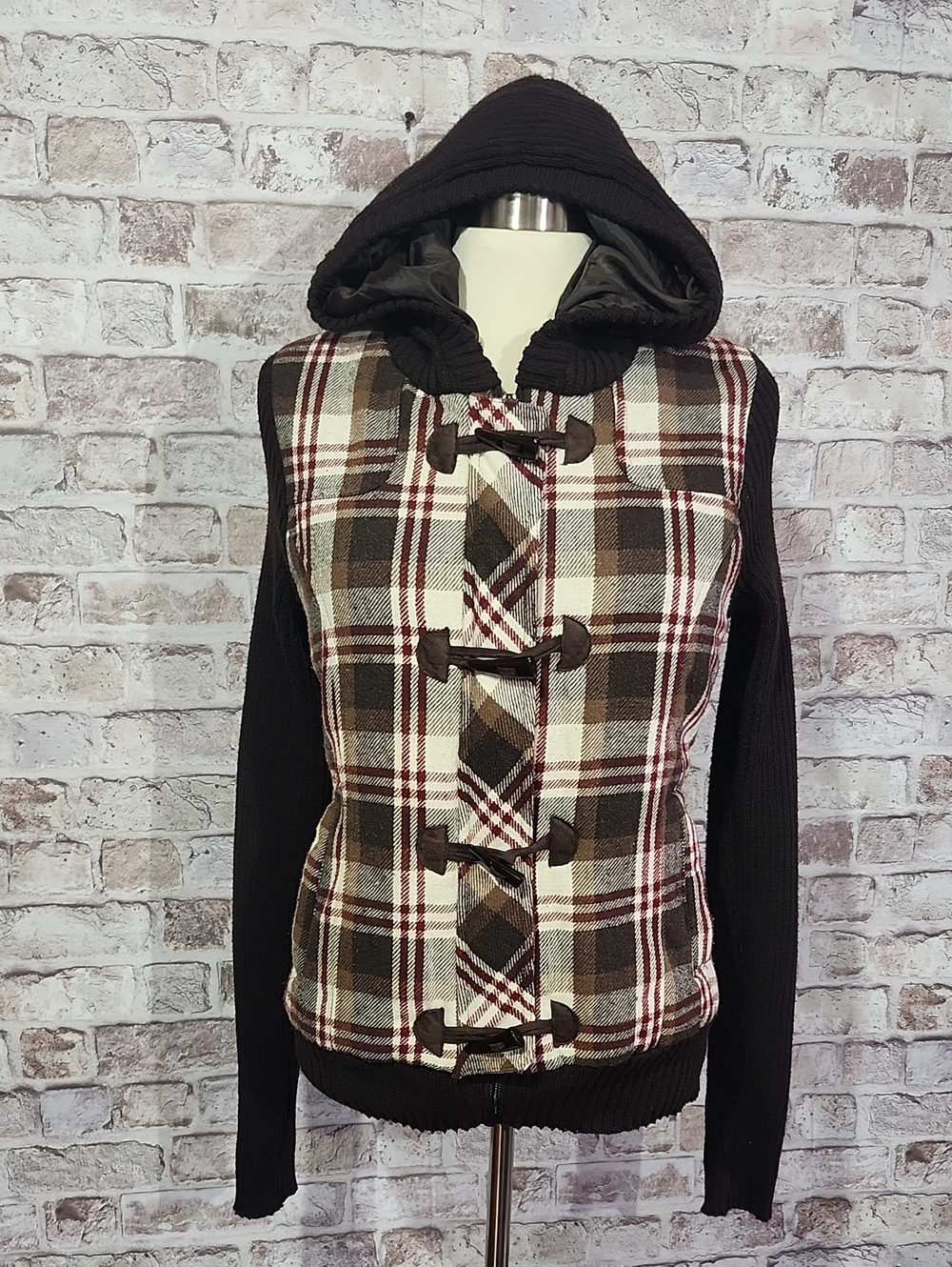 Say What? Brown Plaid Hooded Toggle Puffer Jacket
